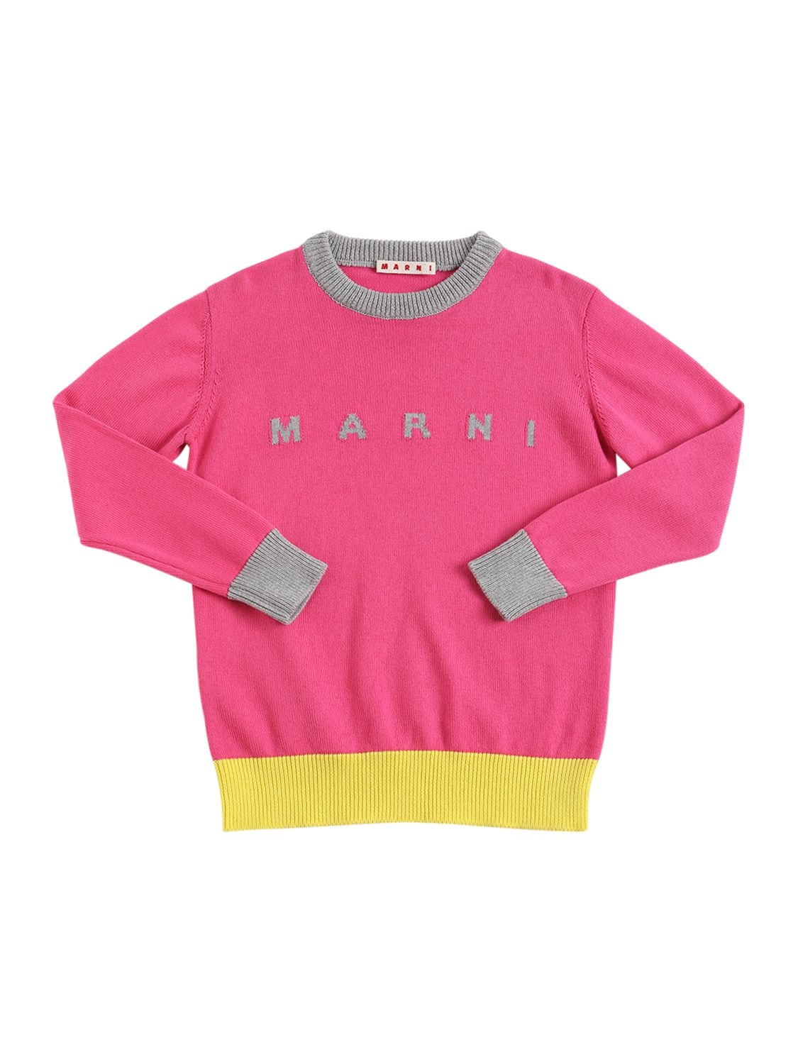 Marni Junior Kids' Color Block Cotton Knit Sweater W/ Logo In Pink