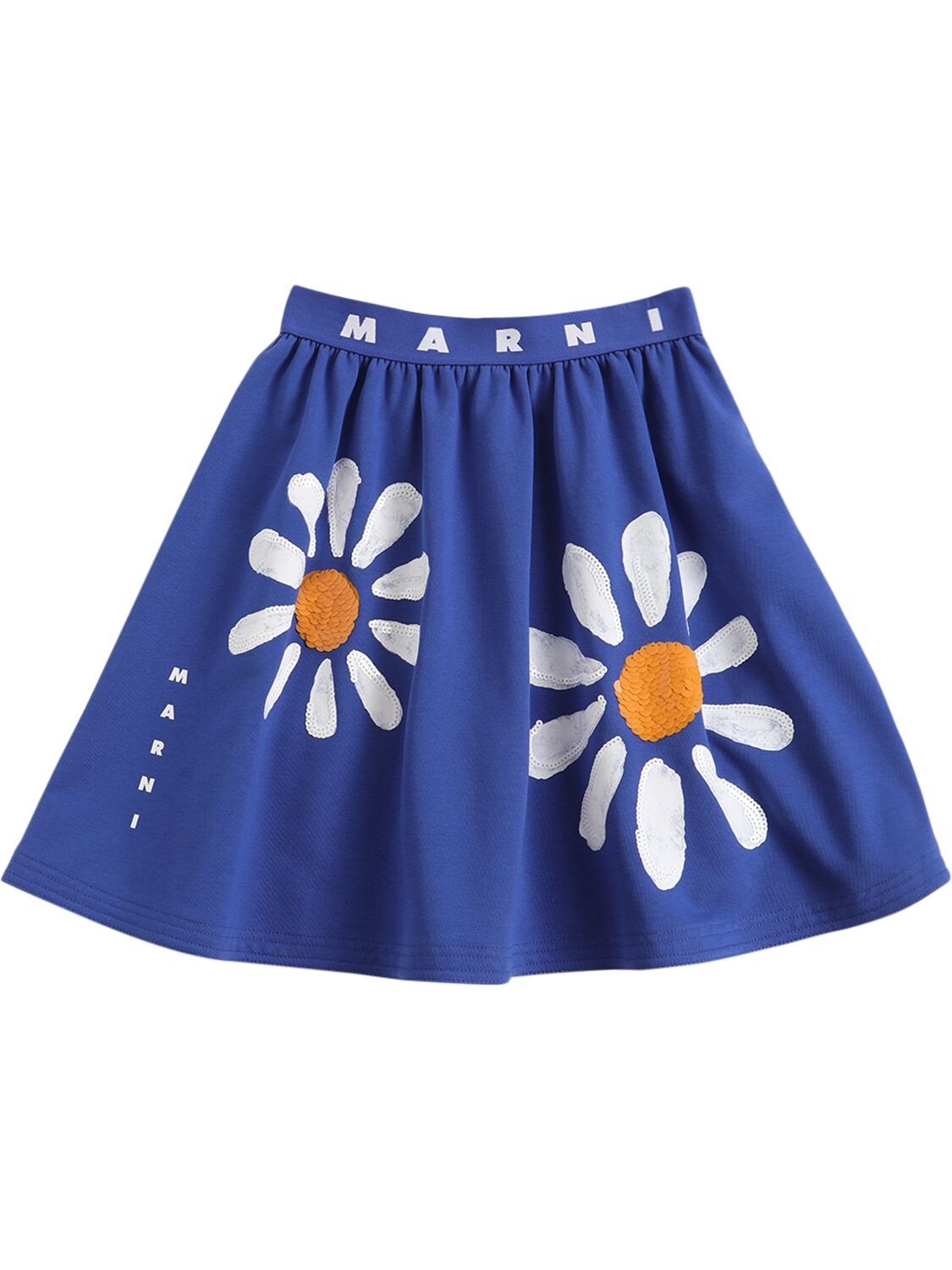 Marni Junior Kids' Flowers Print Cotton Skirt W/ Logo In Blue
