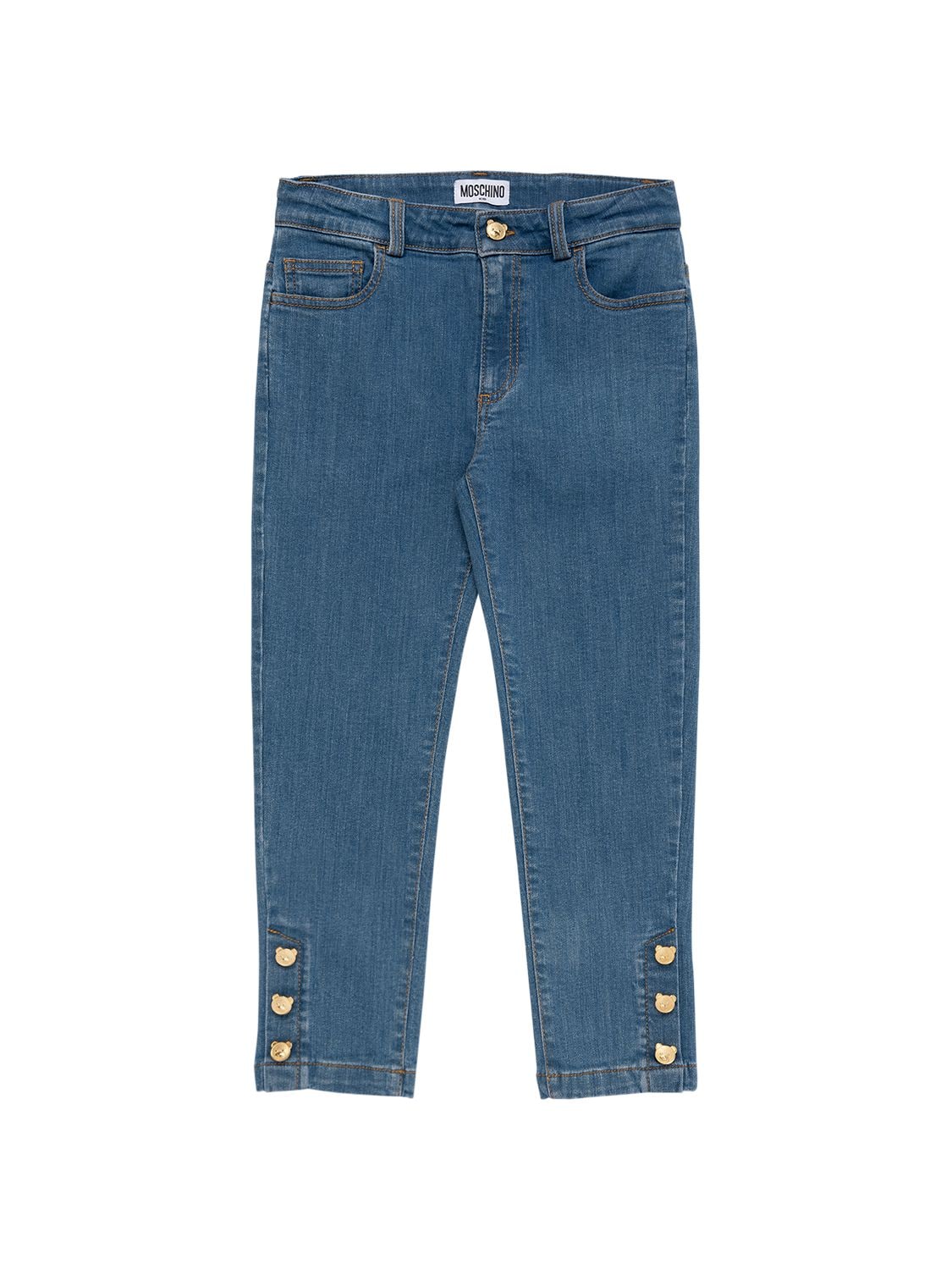Moschino Kids' Washed Stretch Cotton Denim Jeans W/logo