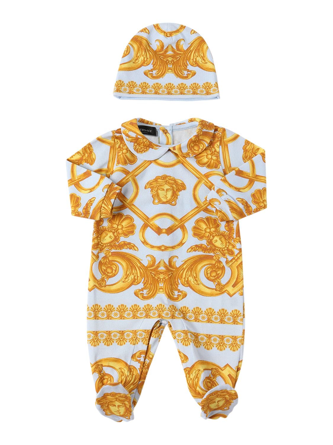Versace Babies' Printed Cotton Jersey Romper & Hat In Blue,gold
