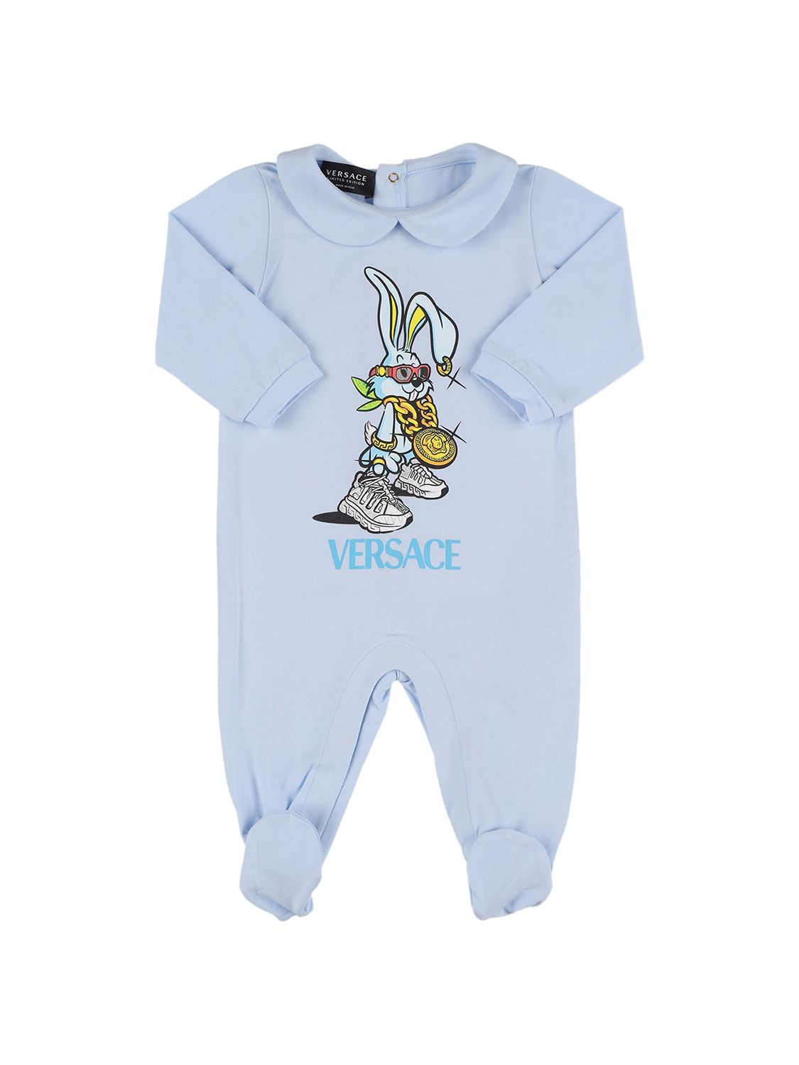 Versace Babies' Printed Cotton Jersey Romper In Light Blue