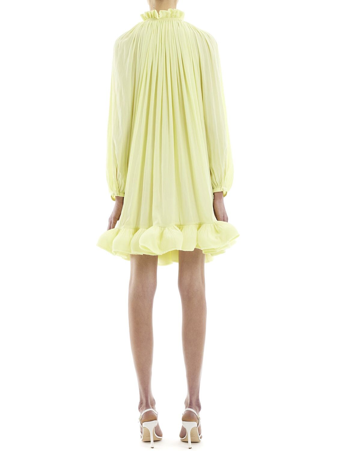 Shop Lanvin Pleated Mini Dress W/ Ruffles In Yellow