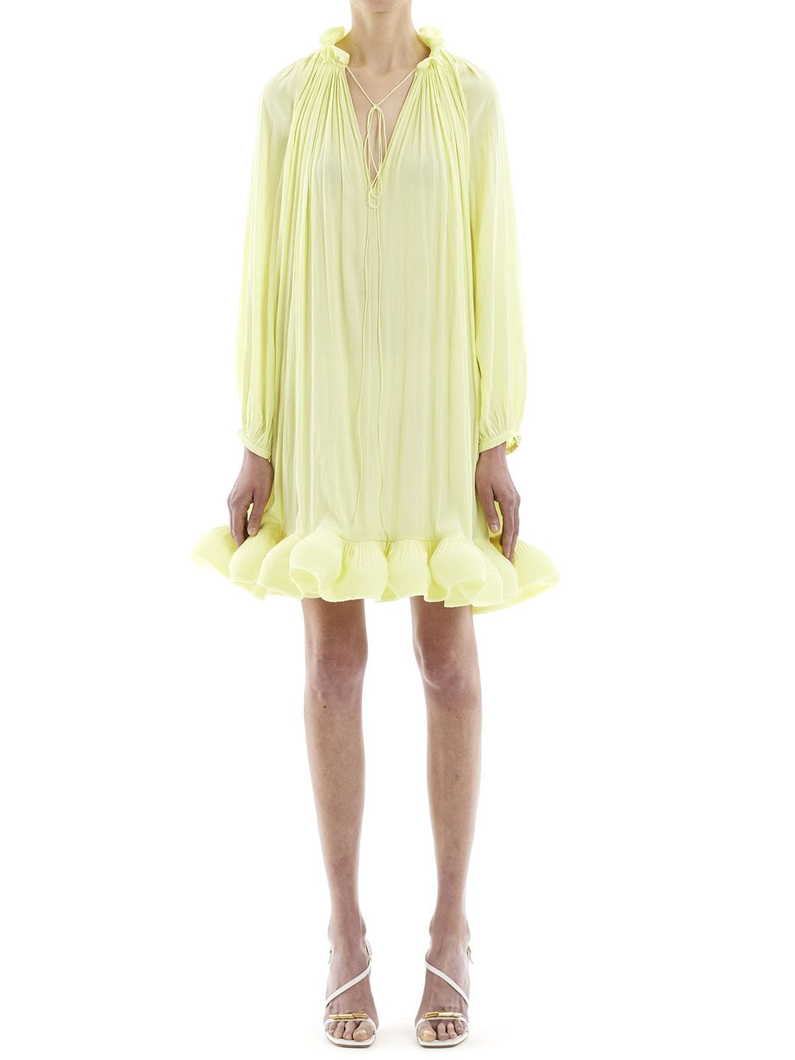 Shop Lanvin Pleated Mini Dress W/ Ruffles In Yellow