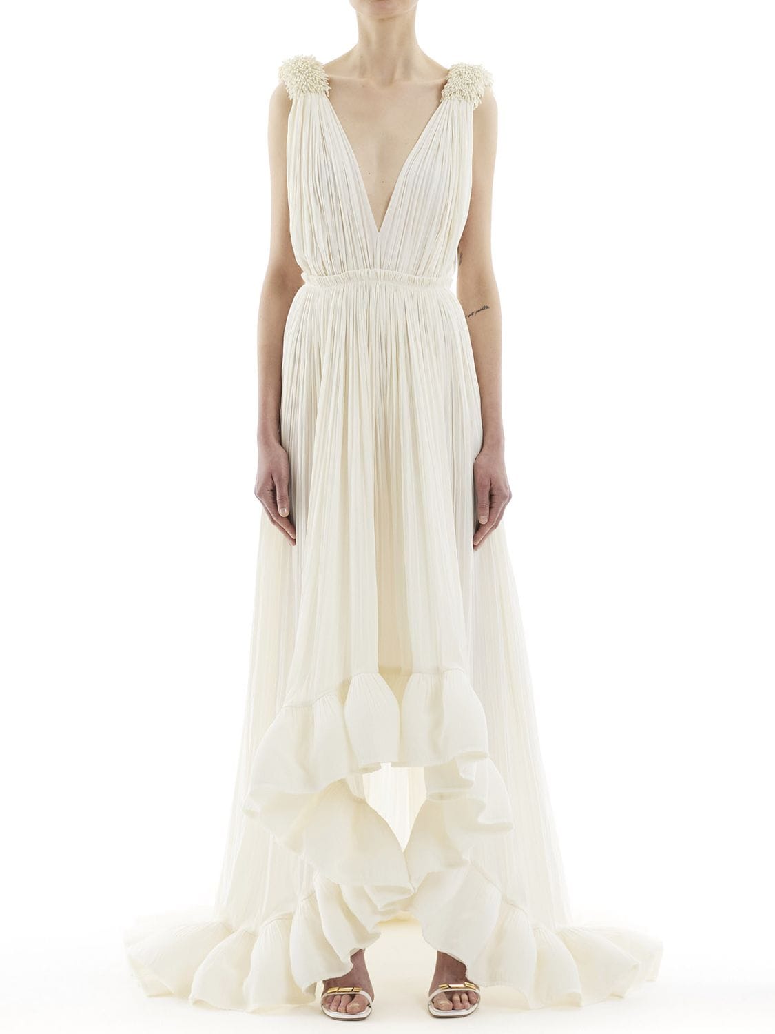 Shop Lanvin Draped Gown W/ Embellished Straps In White