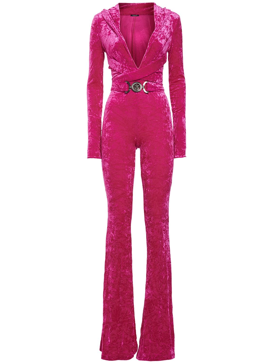 Versace Hooded Stretch Velour Jumpsuit In Fuchsia