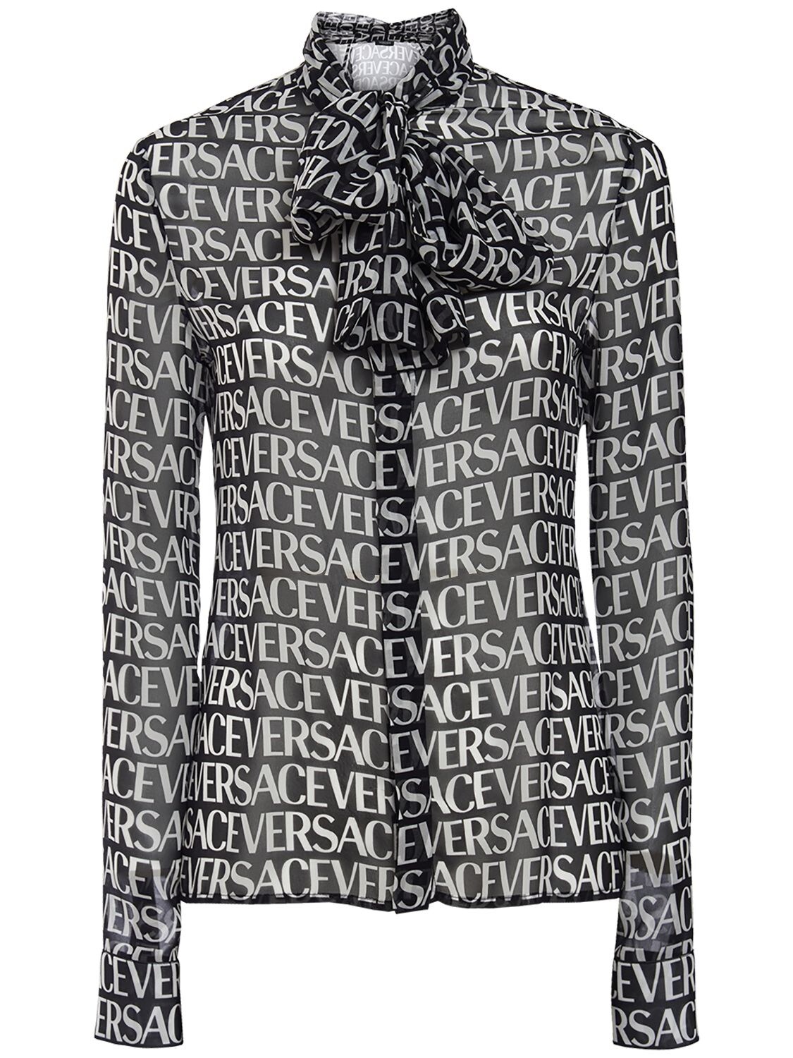 VERSACE ALL OVER LOGO PRINTED SILK CHIFFON SHIRT