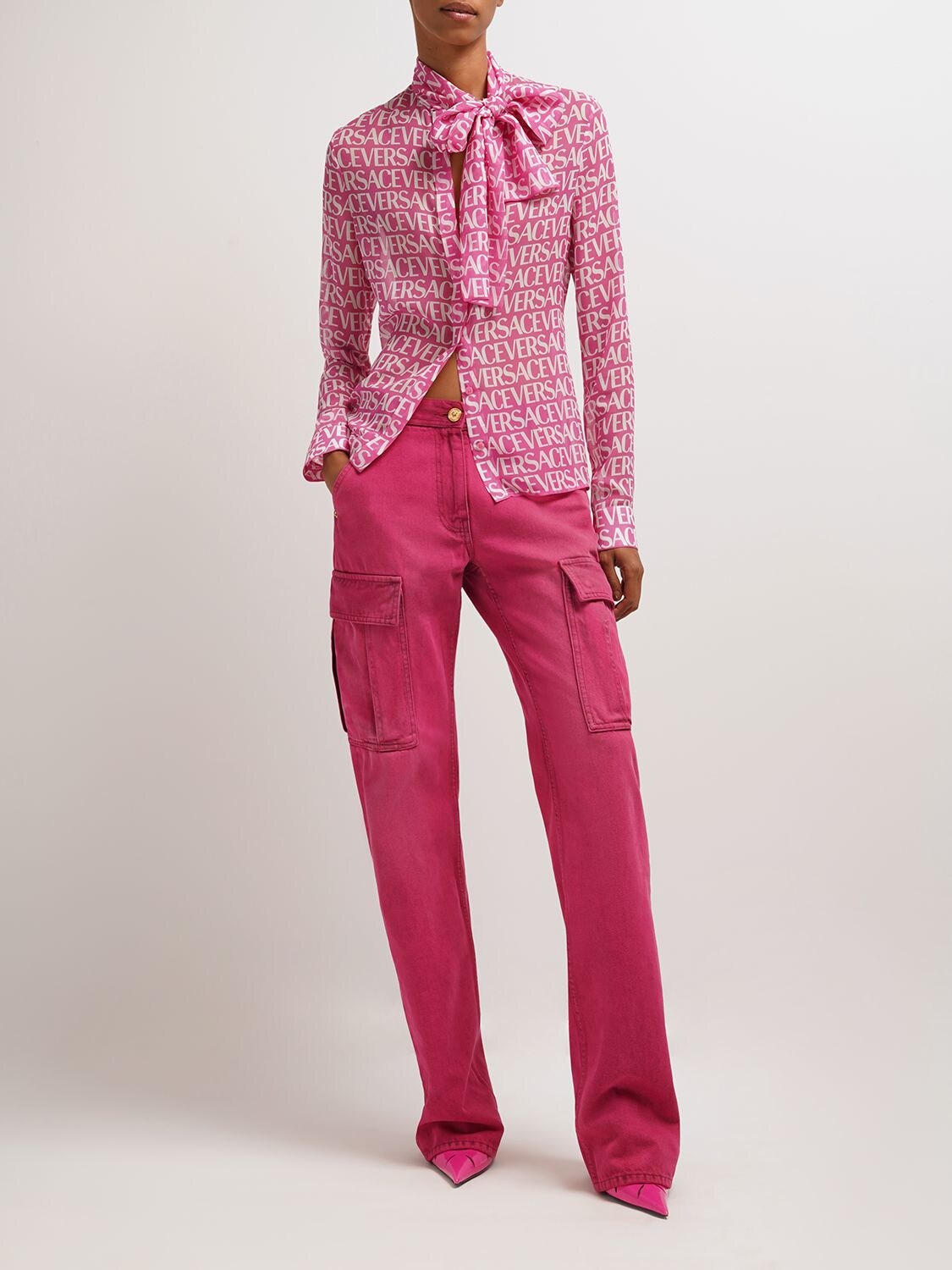 VERSACE: shirt in silk with all over print - Pink  VERSACE shirt  10039261A07777 online at