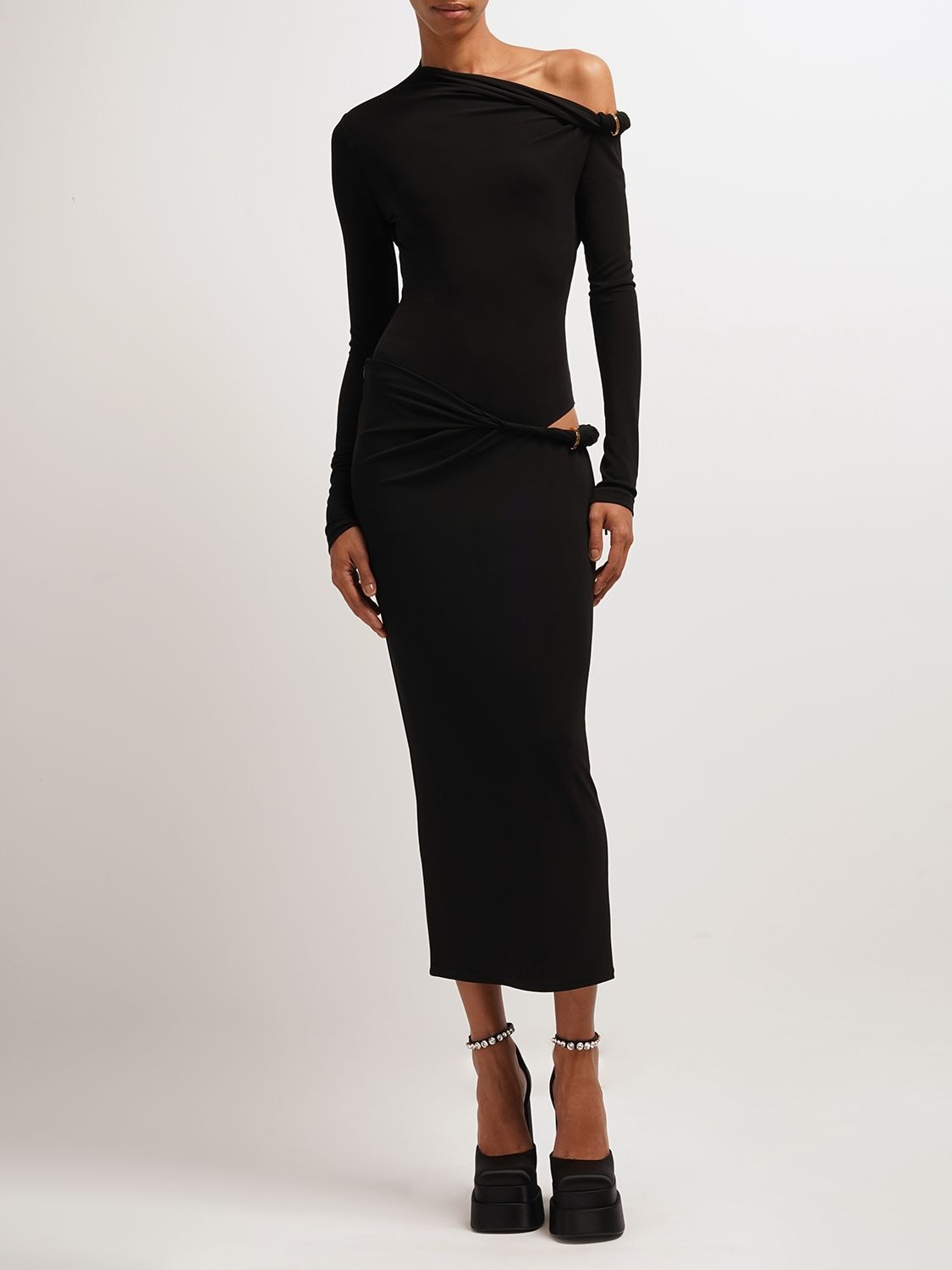 Versace Opaque Viscose Jersey Knotted Midi Skirt In Black