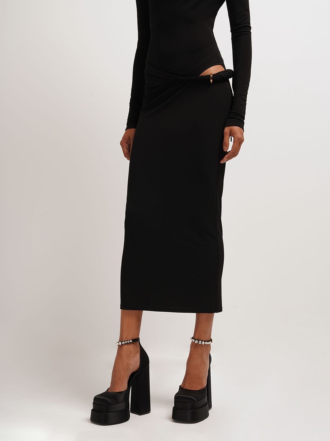 Versace Opaque Viscose Jersey Knotted Midi Skirt In Black