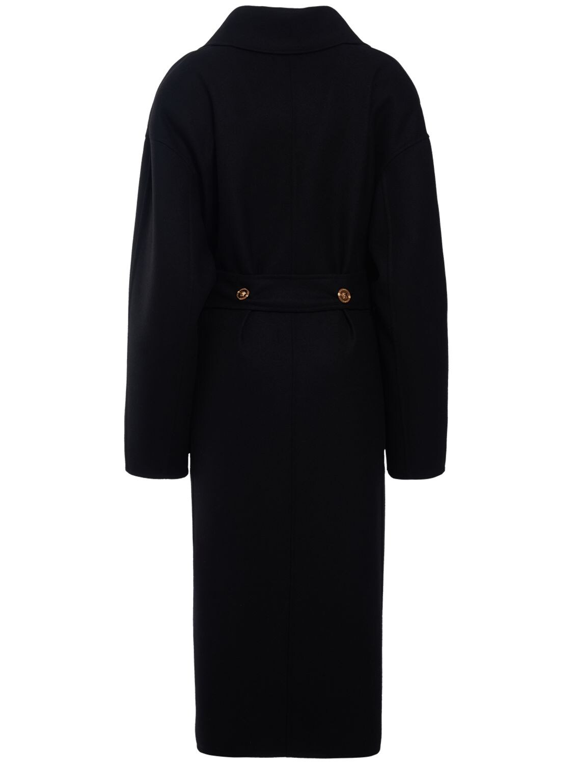 Shop Versace Belted Double Wool Midi Coat In Black