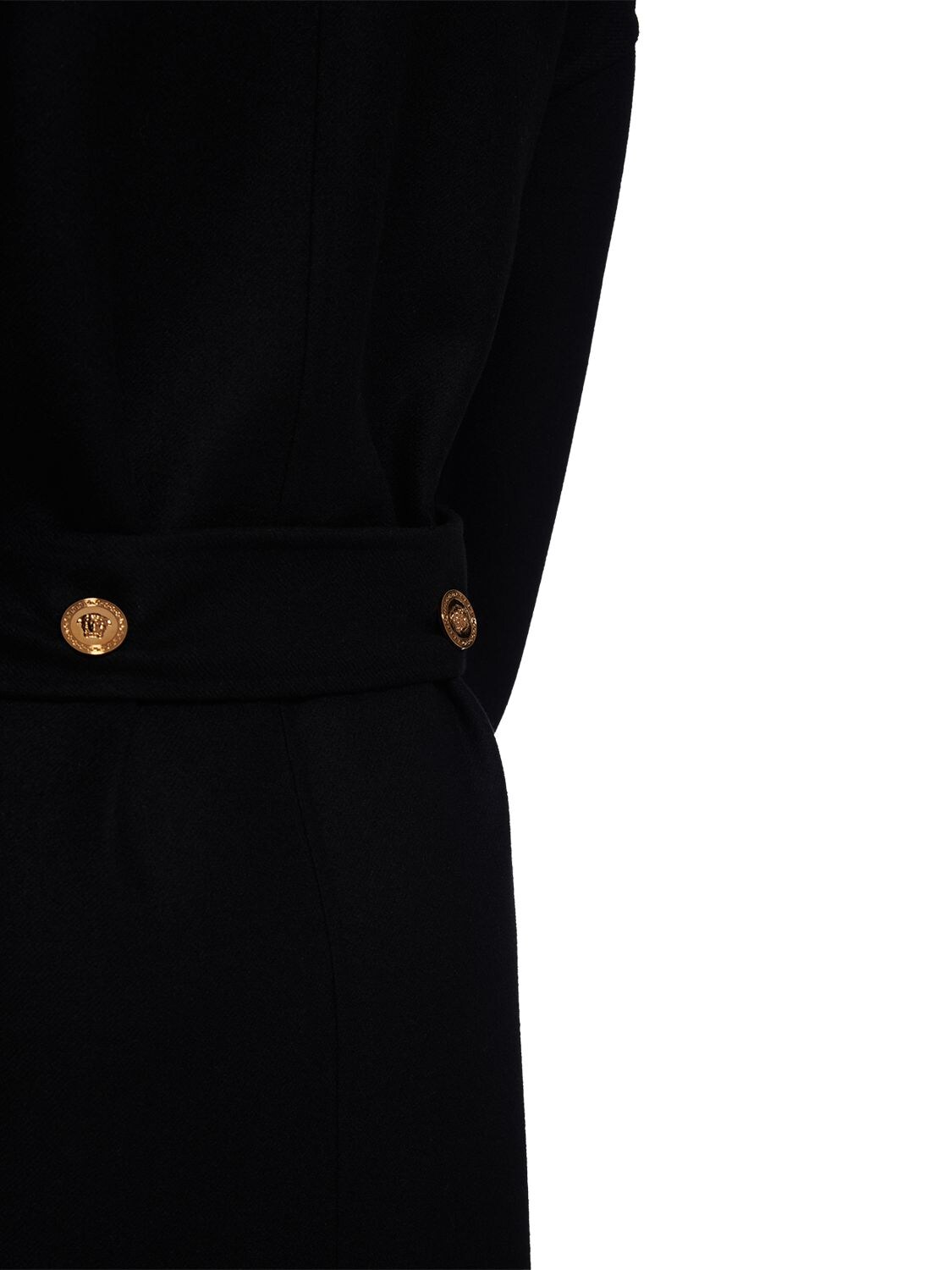 Shop Versace Belted Double Wool Midi Coat In Black