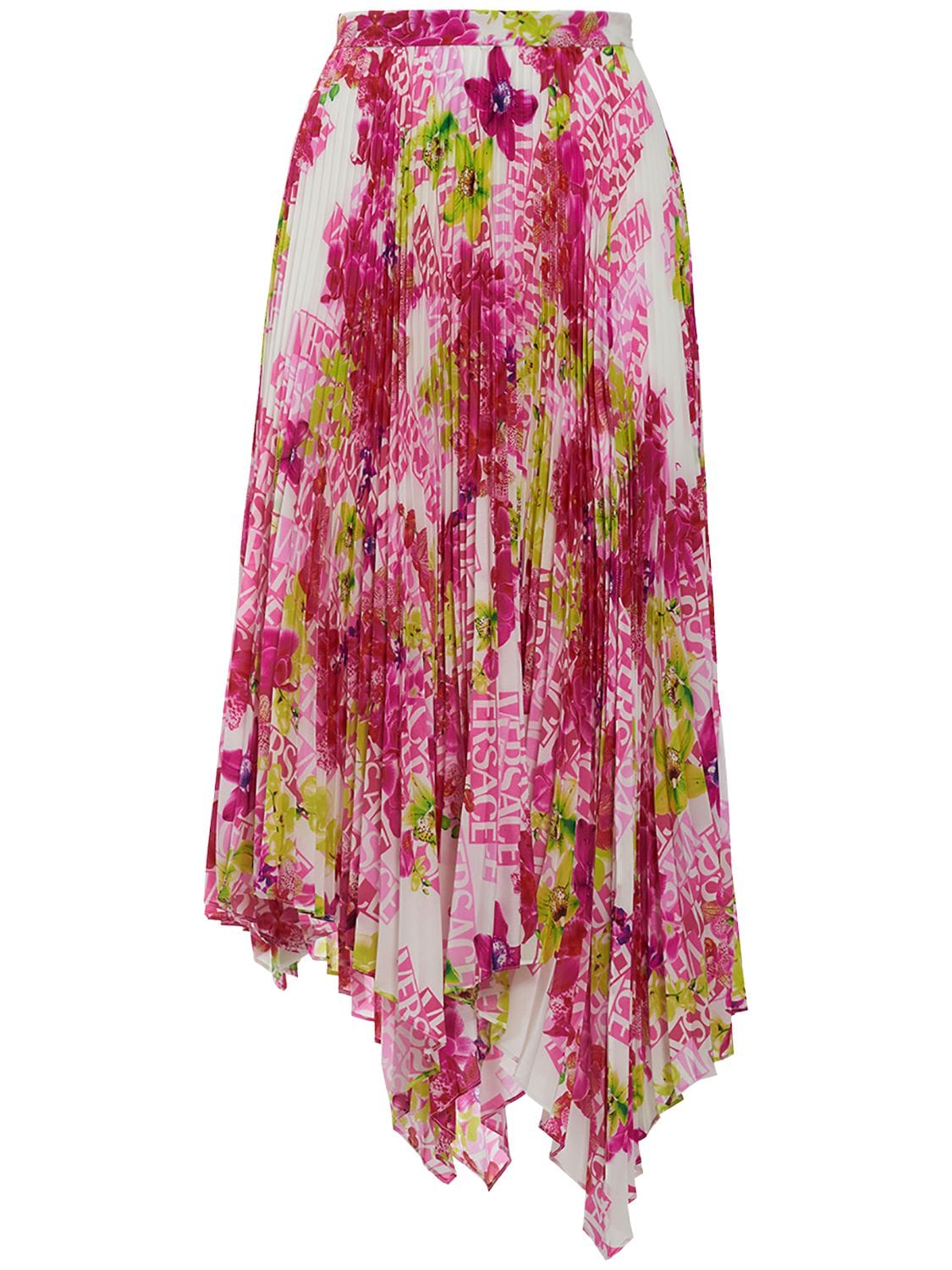 Versace Orchid Print Pleated Crepe Midi Skirt In Multicolor
