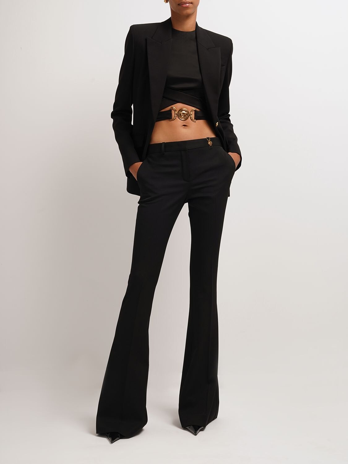 Shop Versace Wool Gabardine Flared Pants In Black