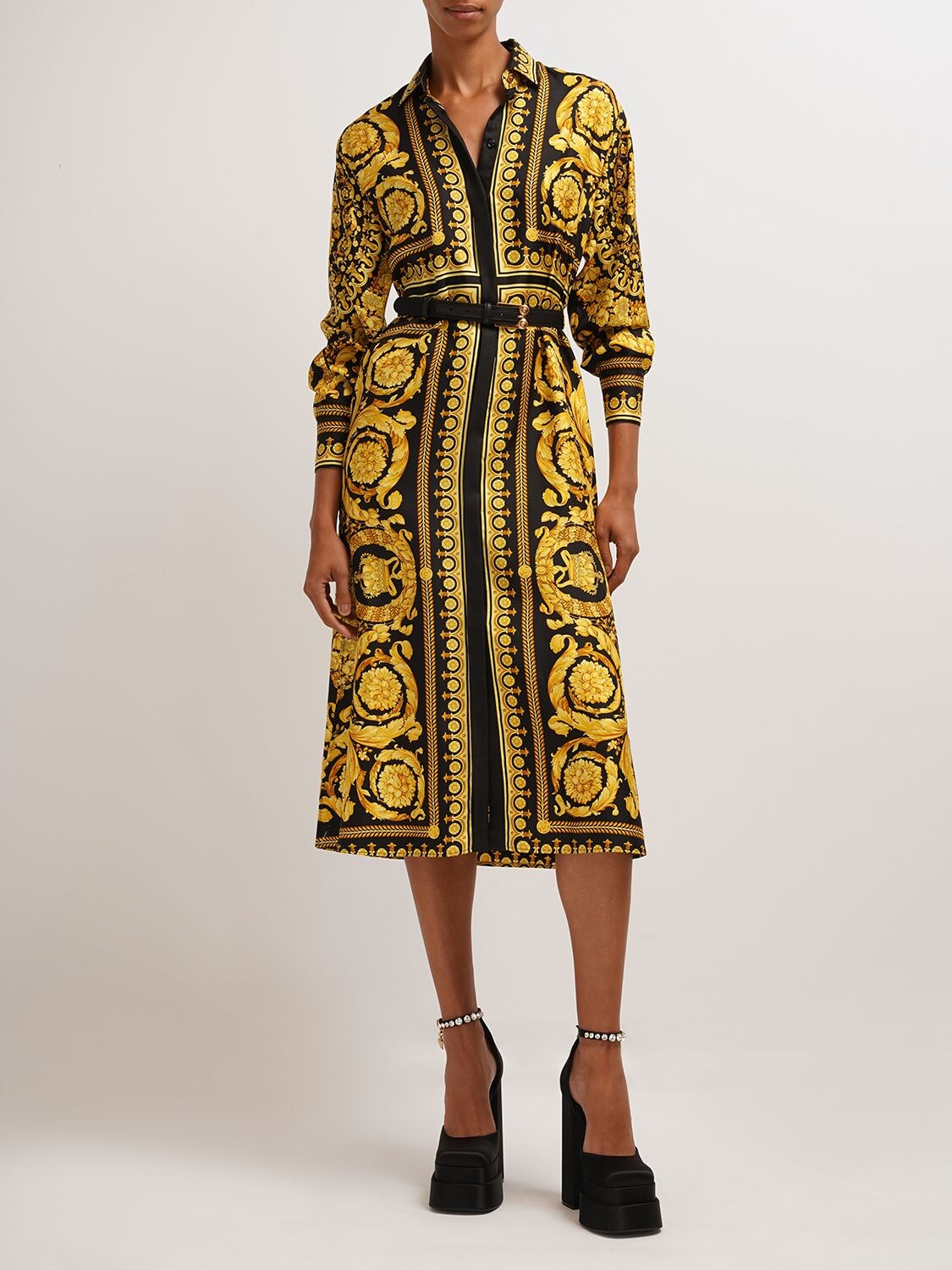 Shop Versace Barocco Silk Twill Midi Shirt Dress In Multicolor