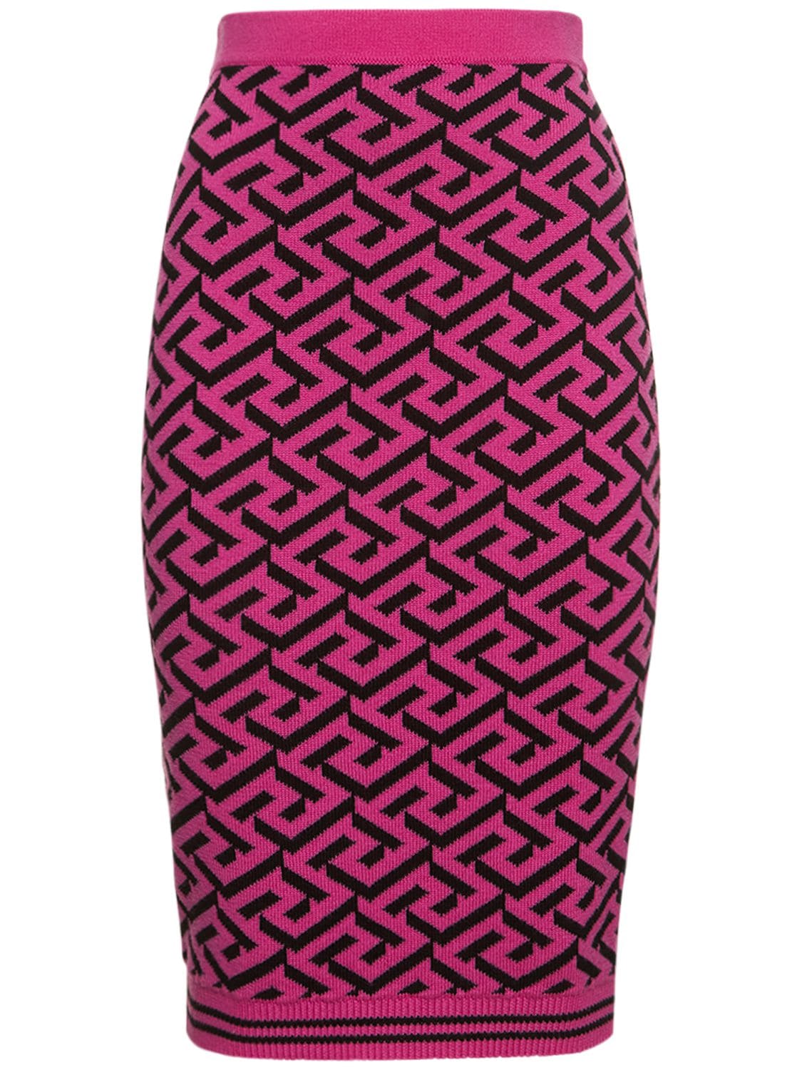 Versace La Greca Intarsia Knit Skirt In Fuchsia
