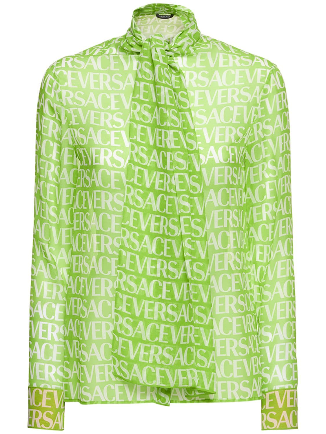 Versace All Over Logo Printed Silk Chiffon Shirt In Lime Green