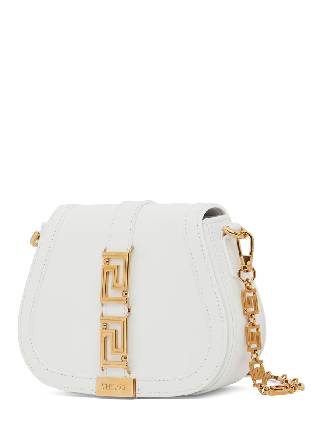 Shop Versace Mini Greca Goddess Leather Shoulder Bag In Bianco Ottico