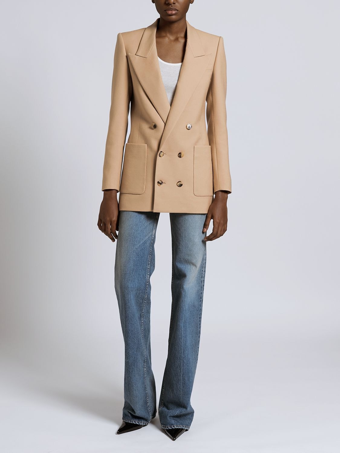 Shop Saint Laurent Wool Blazer In Beige