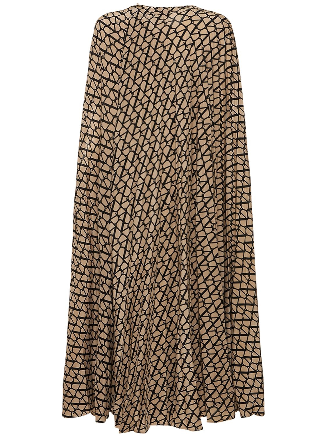 Valentino Cape-effect Pleated Printed Silk Crepe De Chine Midi Dress In Beige,black