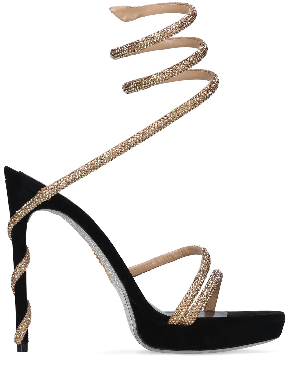 René Caovilla 120mm Satin & Crystal High Heel Sandals In Gold,black