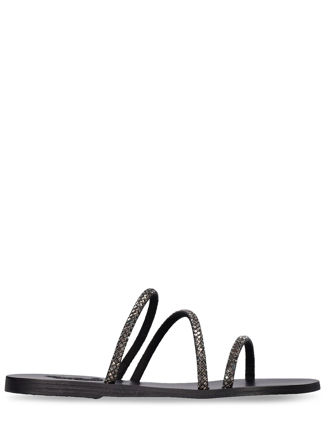 Ancient Greek Sandals 10mm Crystal & Leather Flat Sandals In Black