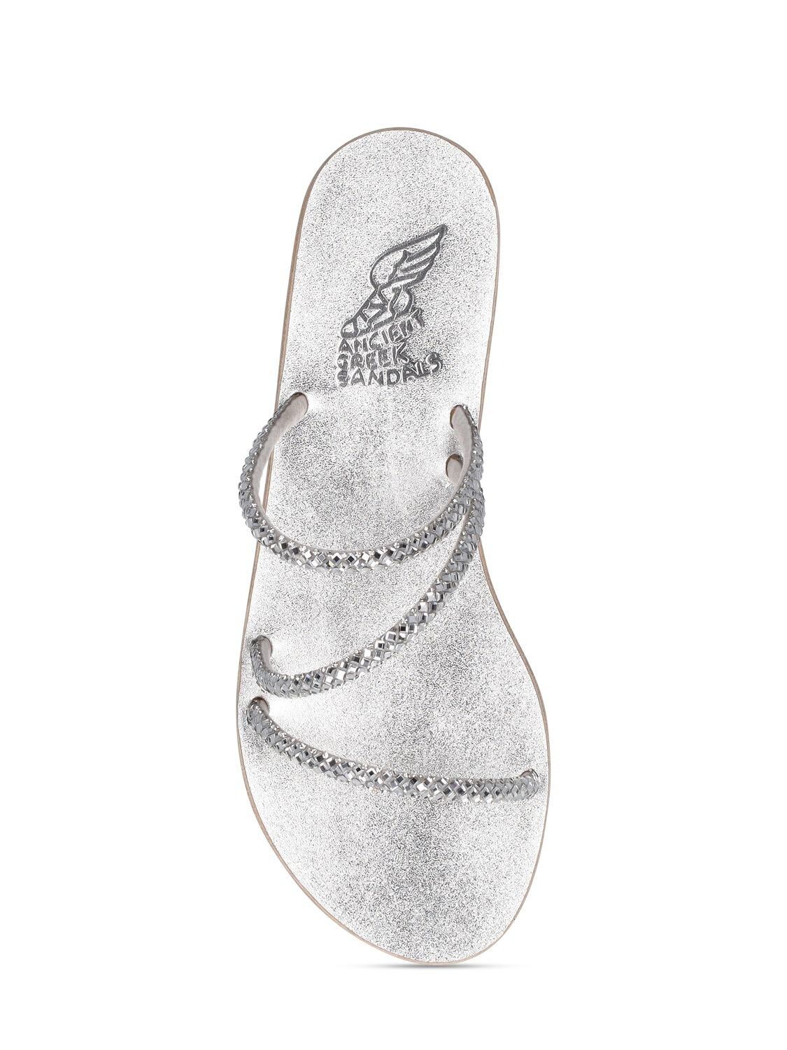 Ancient Greek Sandals 10mm Crystal & Leather Flat Sandals In Silver