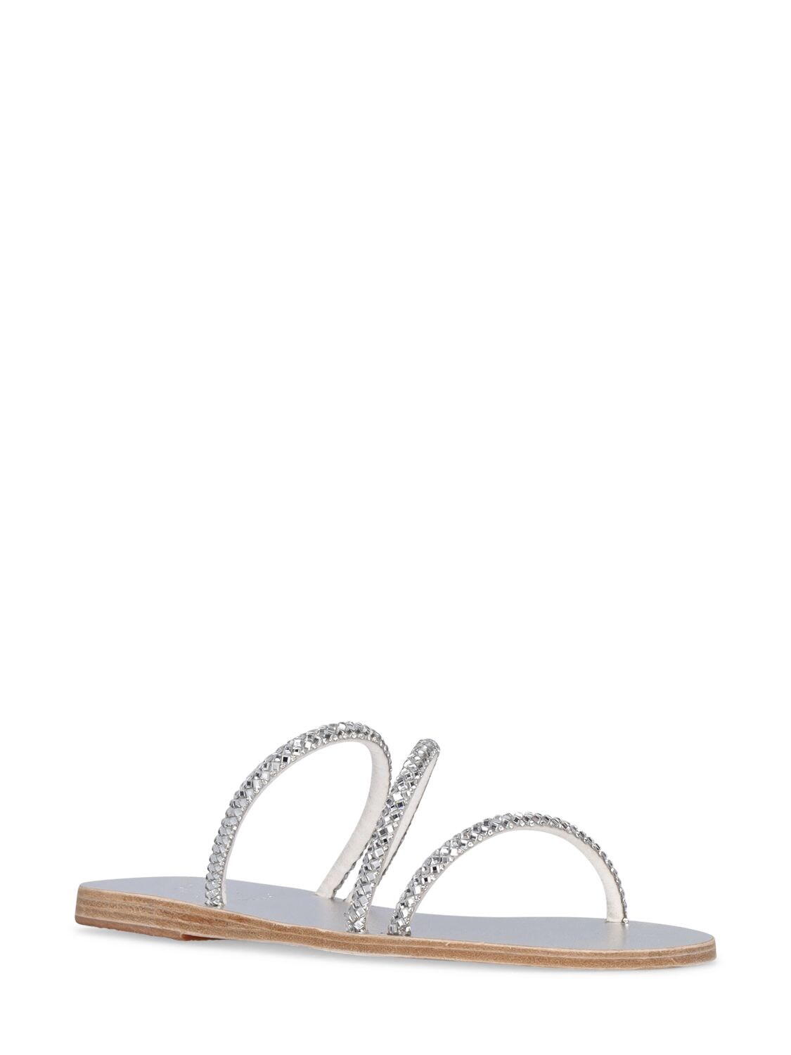 Ancient Greek Sandals 10mm Crystal & Leather Flat Sandals In Silver