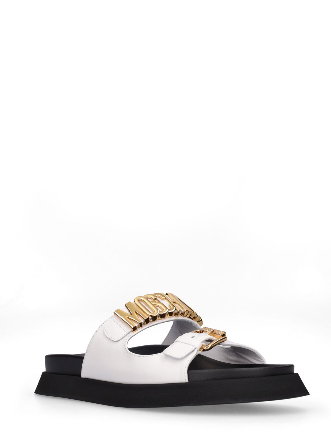 Shop Moschino 40mm  Lettering Leather Sandals In White