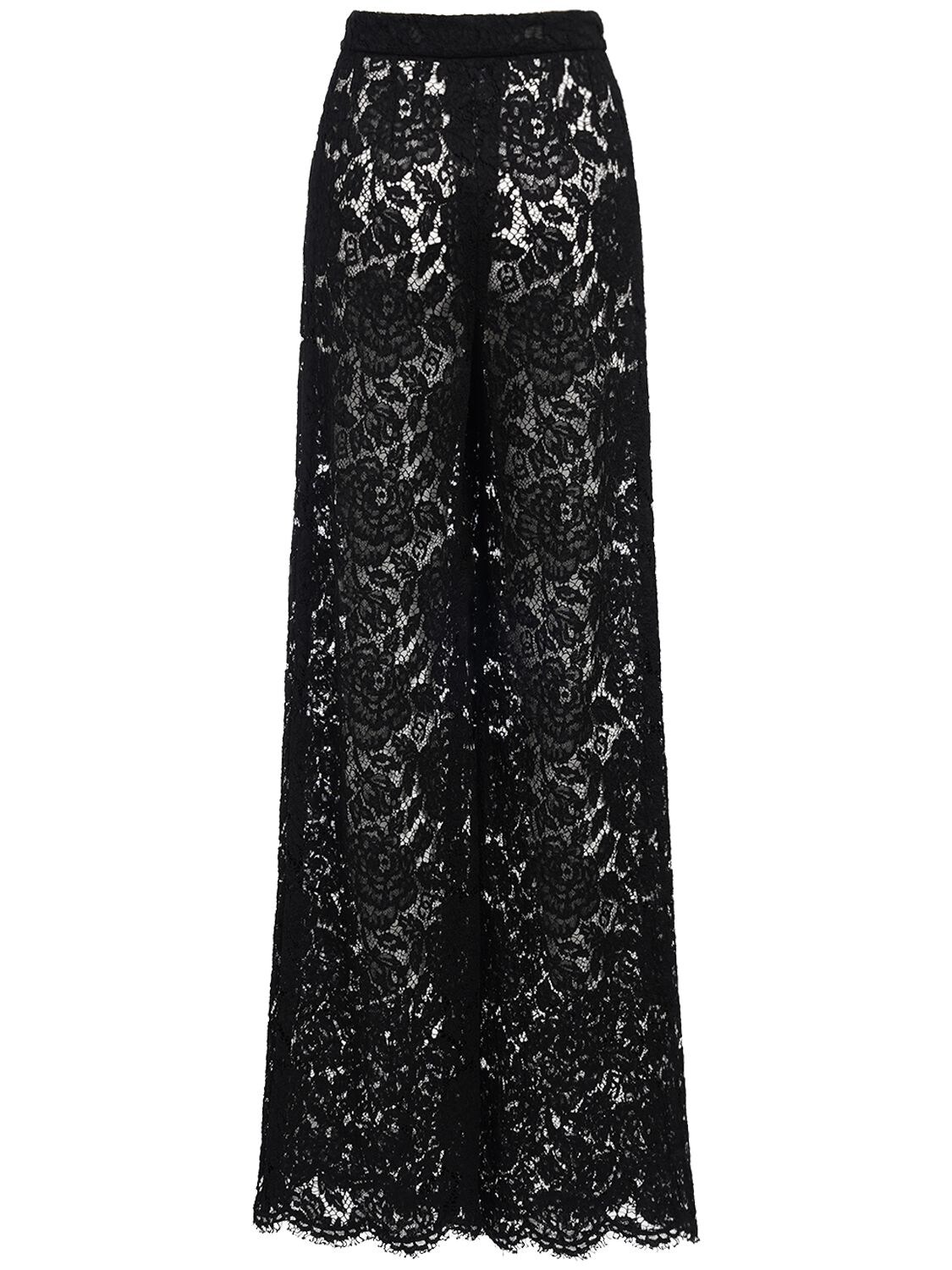 Shop Dolce & Gabbana High Rise Flared Lace Pants In Black
