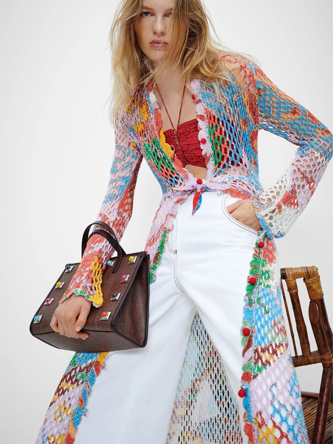 Shop Etro Multi Open Knit Linen Long Cardigan In Multicolor