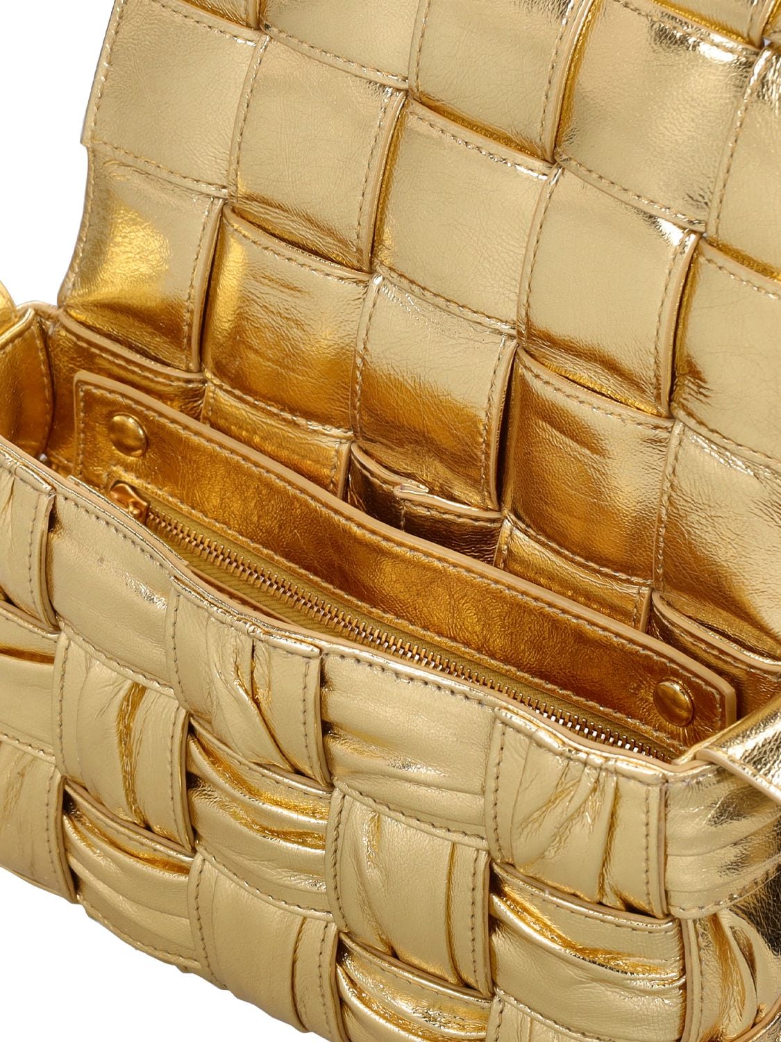 Shop Bottega Veneta Candy Cassette Laminated Leather Bag In Gold