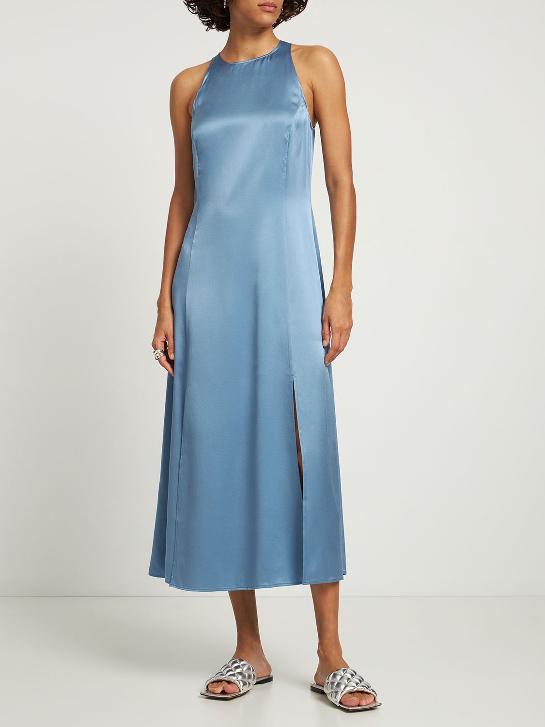 Loulou Studio Mina Satin Silk Long Sleeveless Dress In Blue