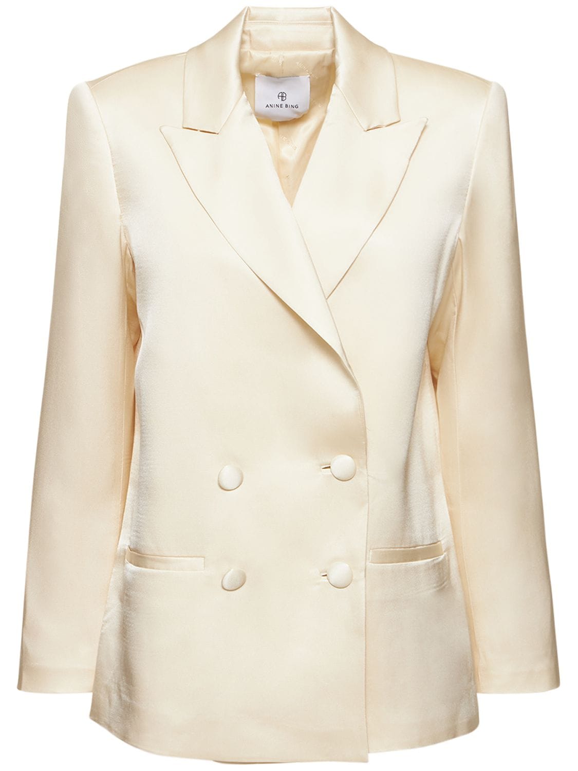 Anine Bing Donne Double-breasted Silk-satin Blazer In White