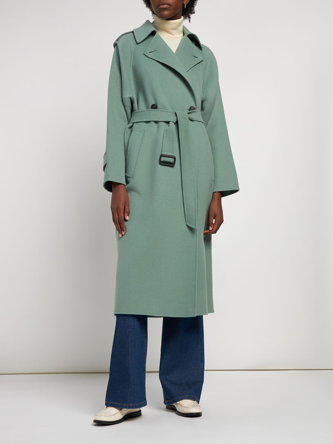 Weekend Max Mara Cobalto Belted Wool Blend Trench Coat In Green | ModeSens