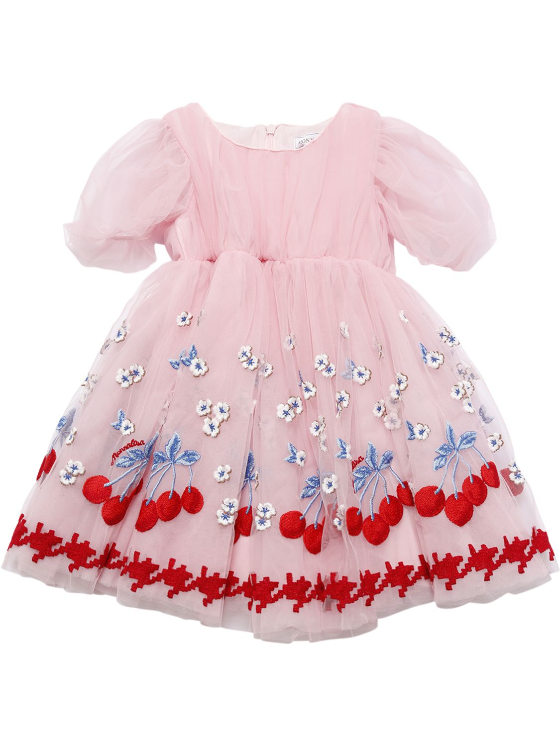 Monnalisa Embroidered Tulle Dress In Pink