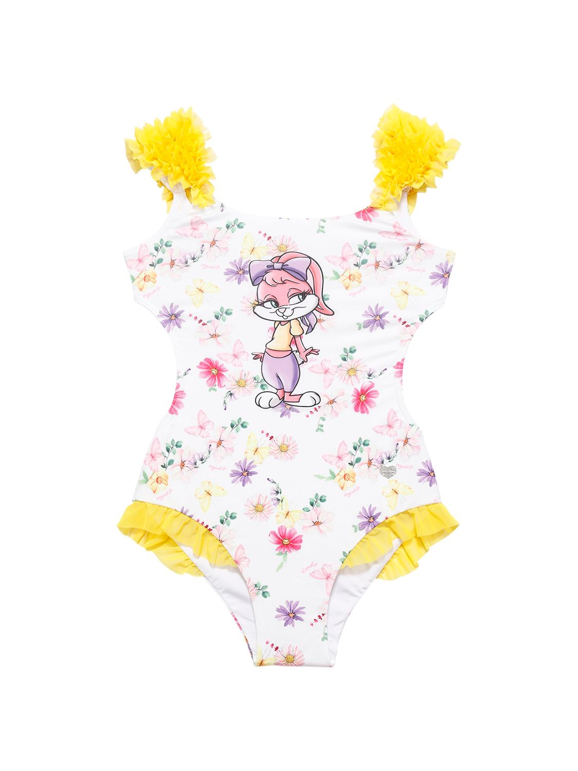 Monnalisa Kids' Floral Printed One Piece Swimsuit In White,yellow