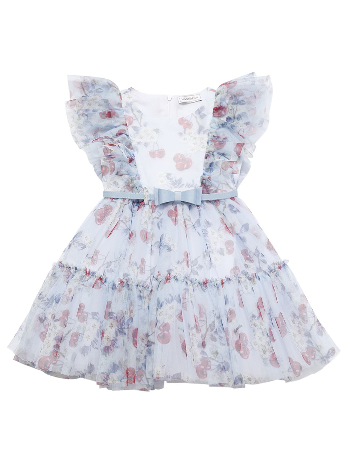 Monnalisa Cherry-printed Tulle Dress In Light Blue