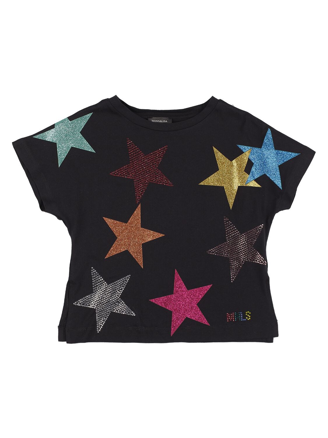 Monnalisa Kids' Glittered Stars Cotton Jersey T-shirt In Black,multi