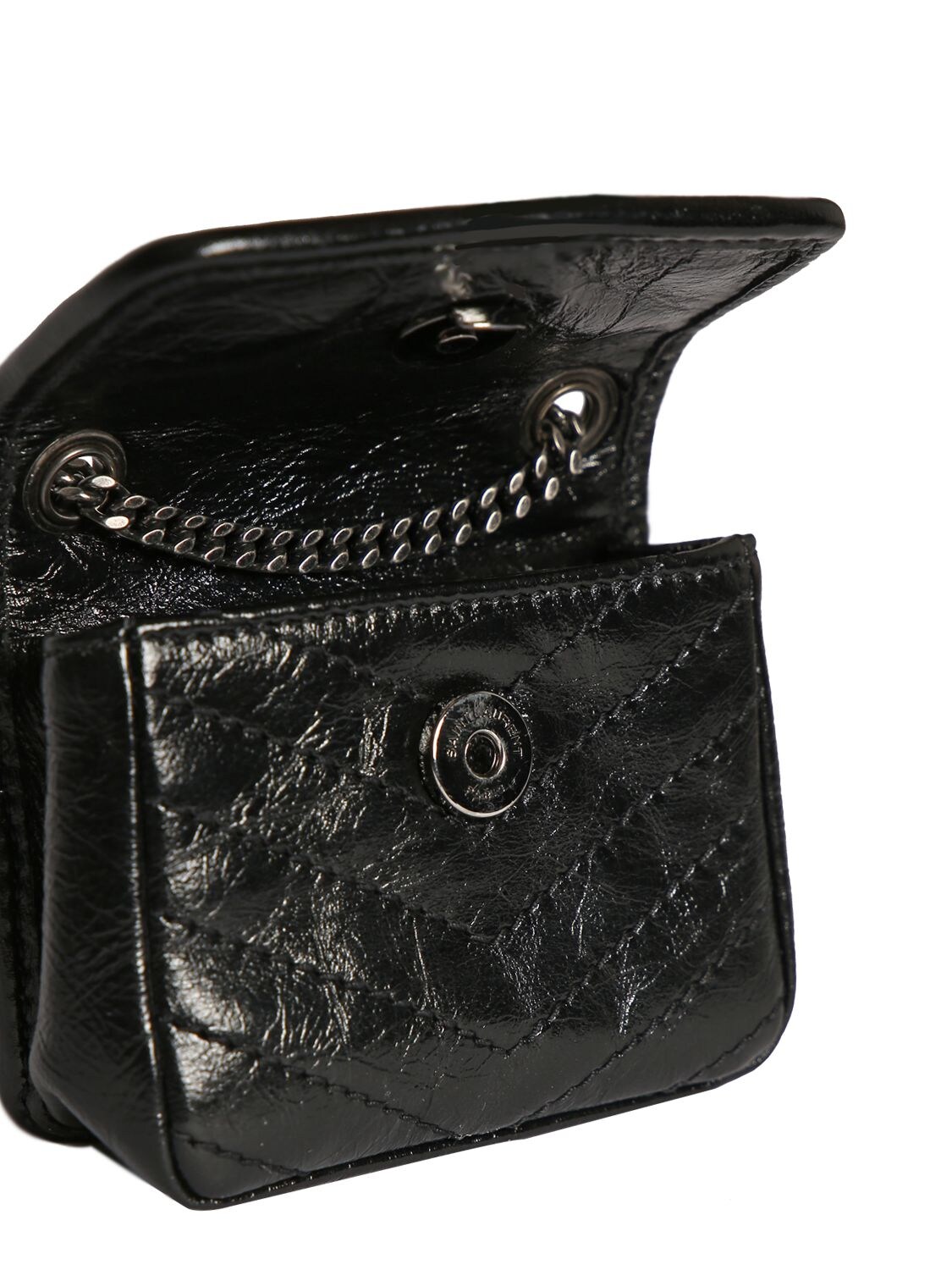 Shop Saint Laurent Mini Niki Leather Airpods Case In Black