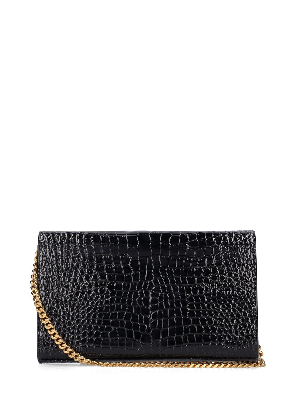 Shop Saint Laurent Cassandra Croc Embossed Chain Wallet In Black