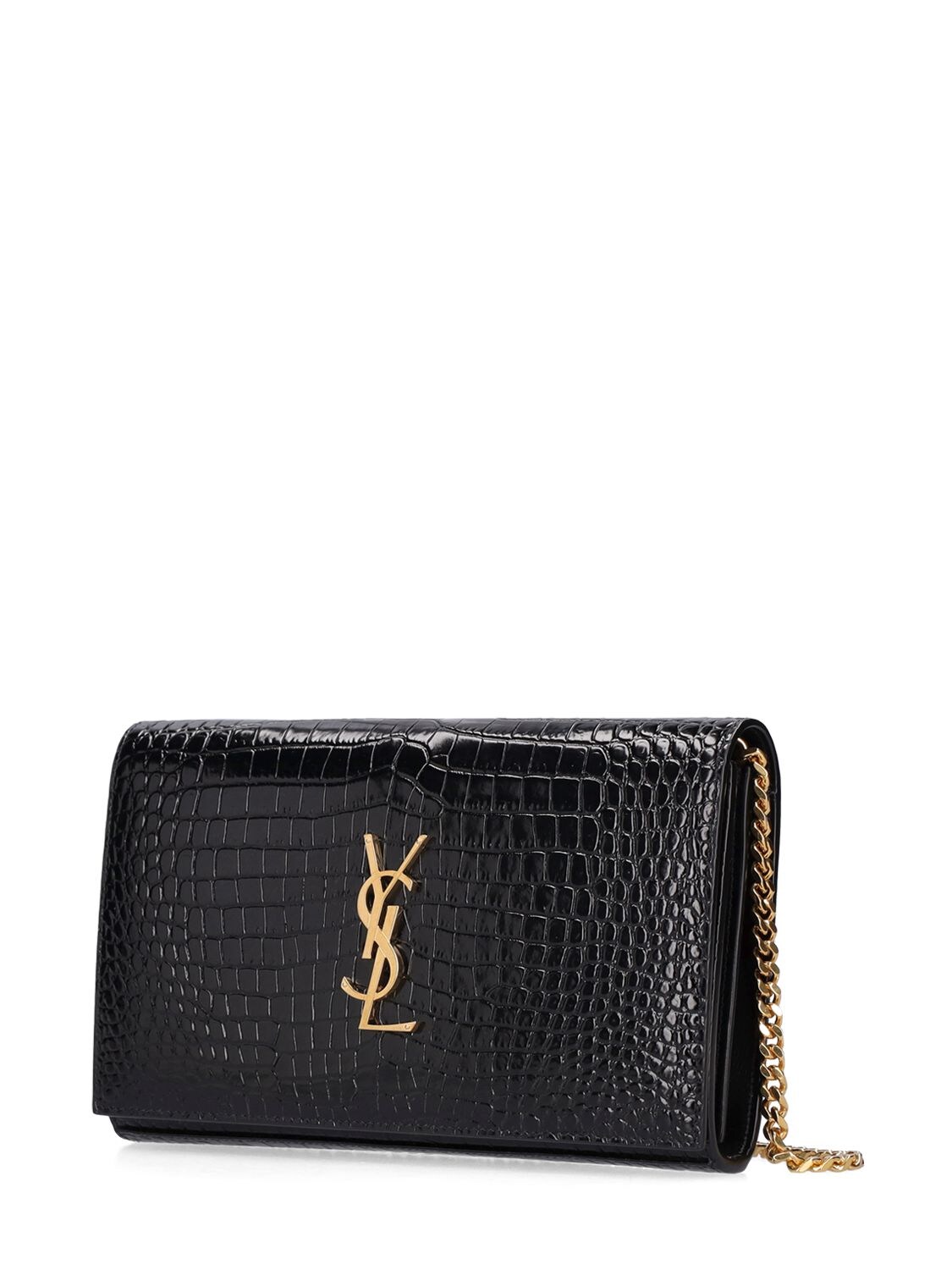 Shop Saint Laurent Cassandra Croc Embossed Chain Wallet In Black