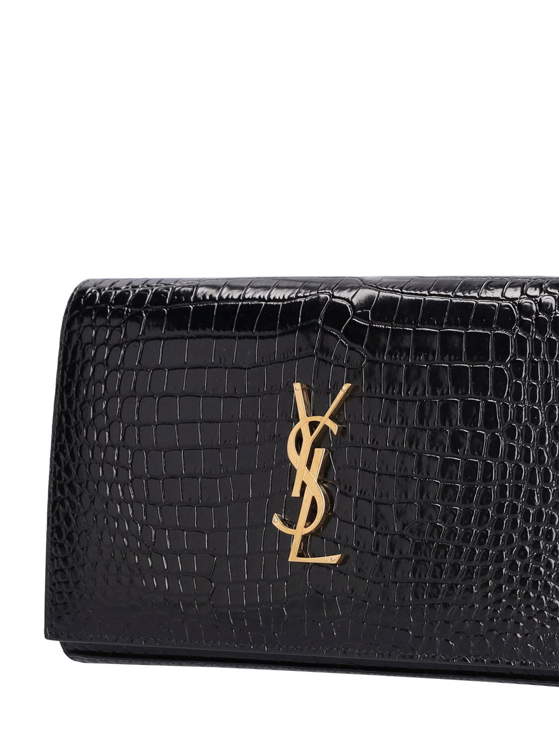 Shop Saint Laurent Cassandra Croc Embossed Chain Wallet In Black