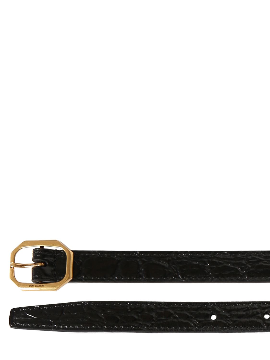 Shop Saint Laurent Boucle Frame Croc Embossed Leather Belt In Black