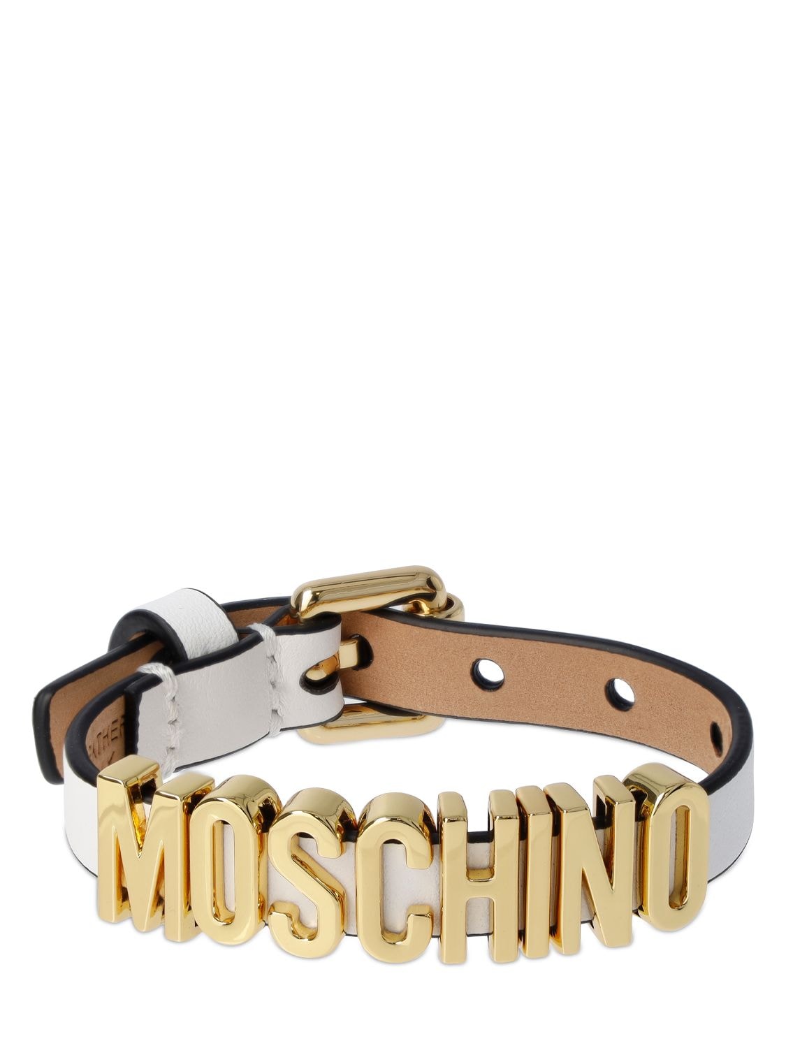 Moschino Logo Leather Bracelet In White,gold