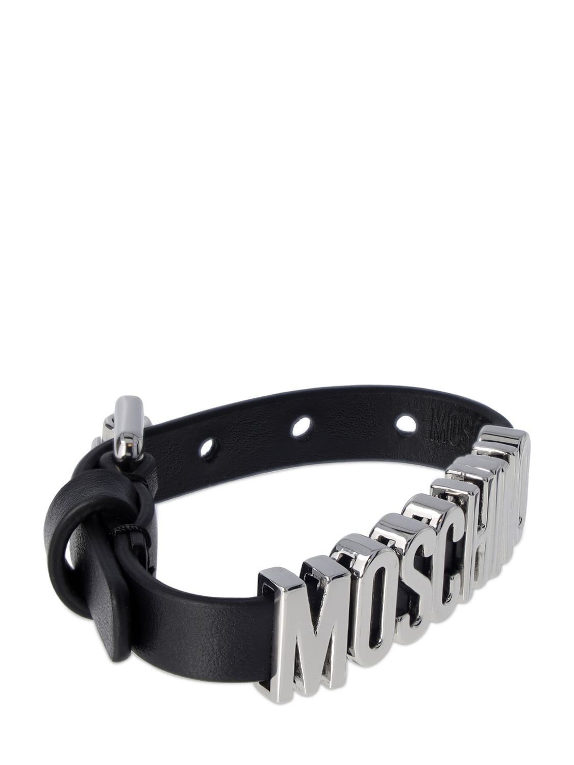Shop Moschino Logo Leather Bracelet In Black,silver