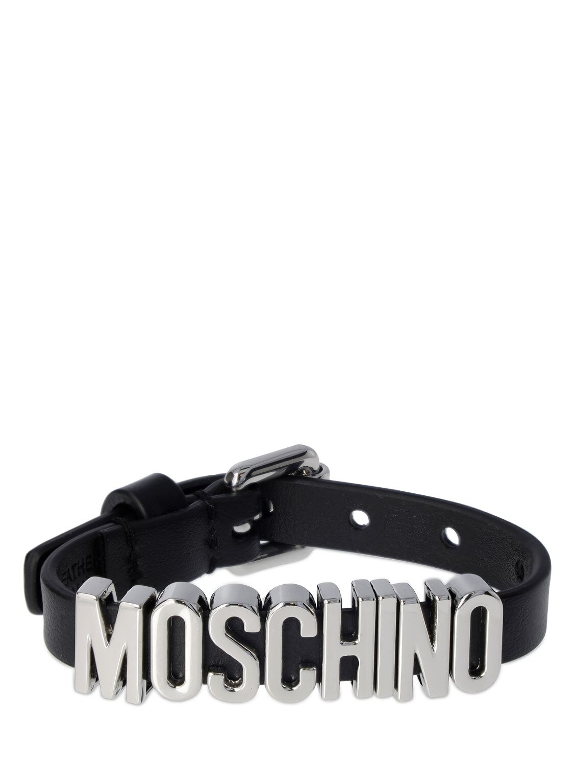 Moschino Logo Leather Bracelet In Black,silver