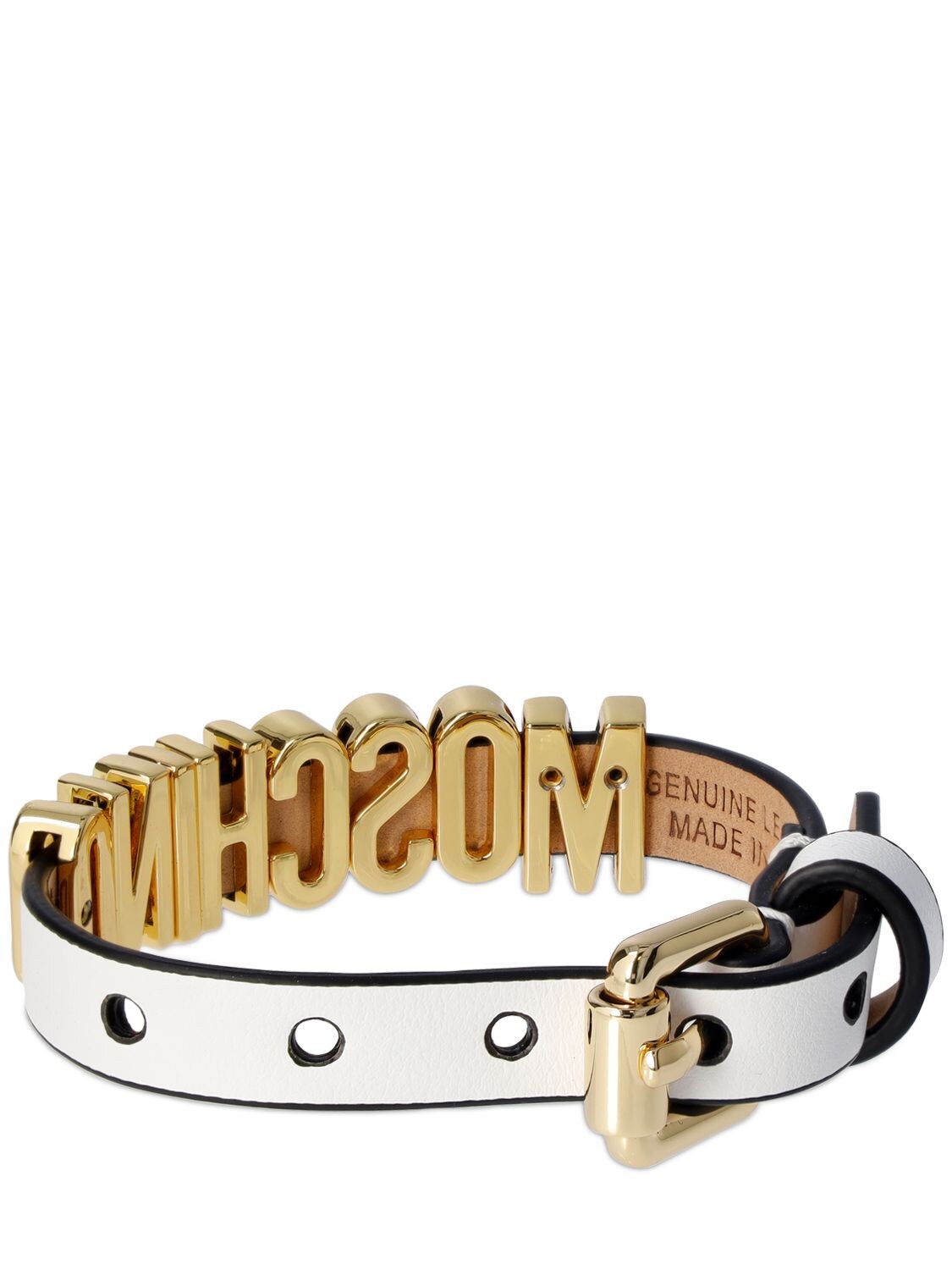 Shop Moschino Logo Leather Bracelet In White,gold