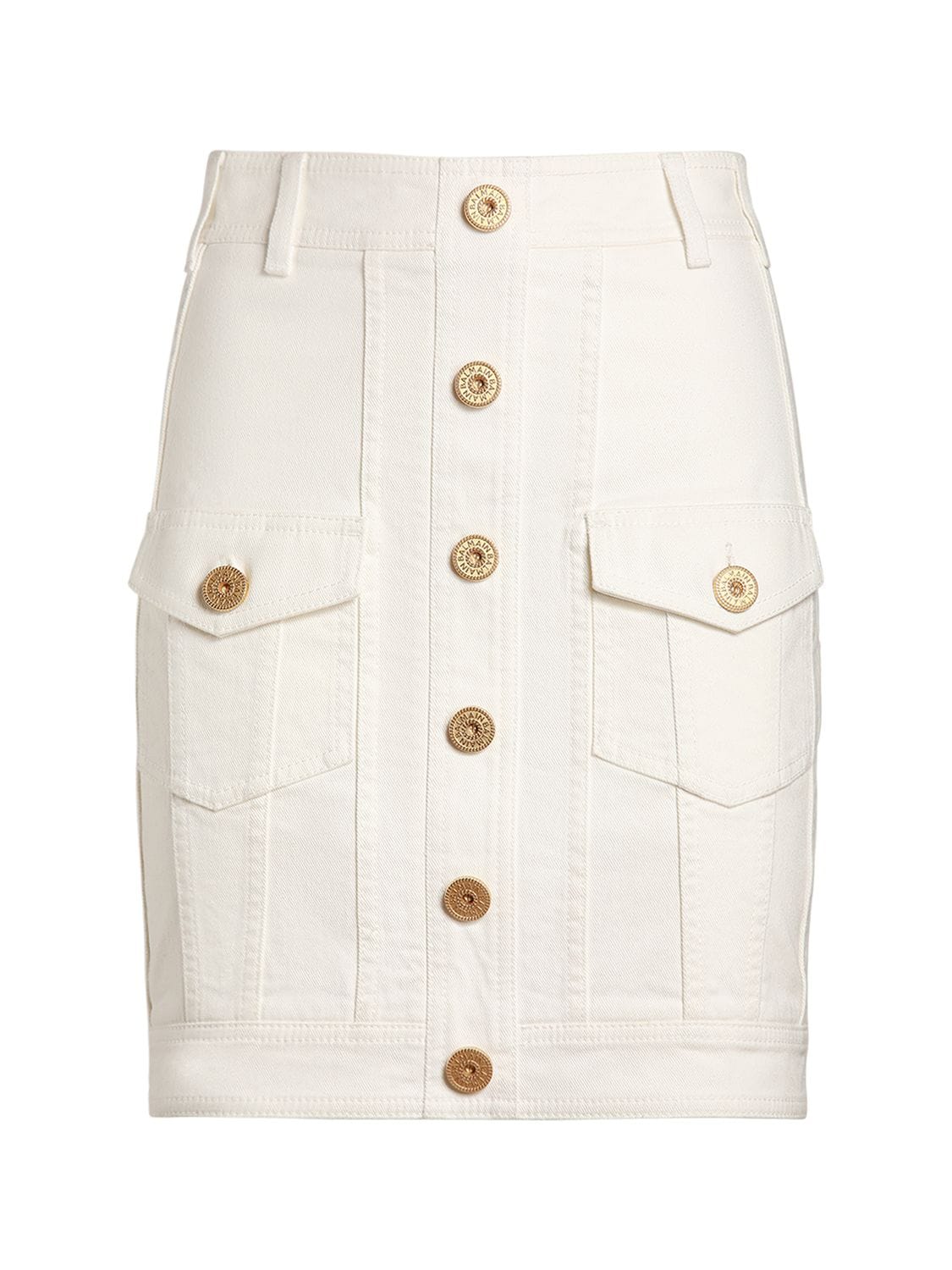 Balmain Cotton Denim Buttoned Mini Skirt In White