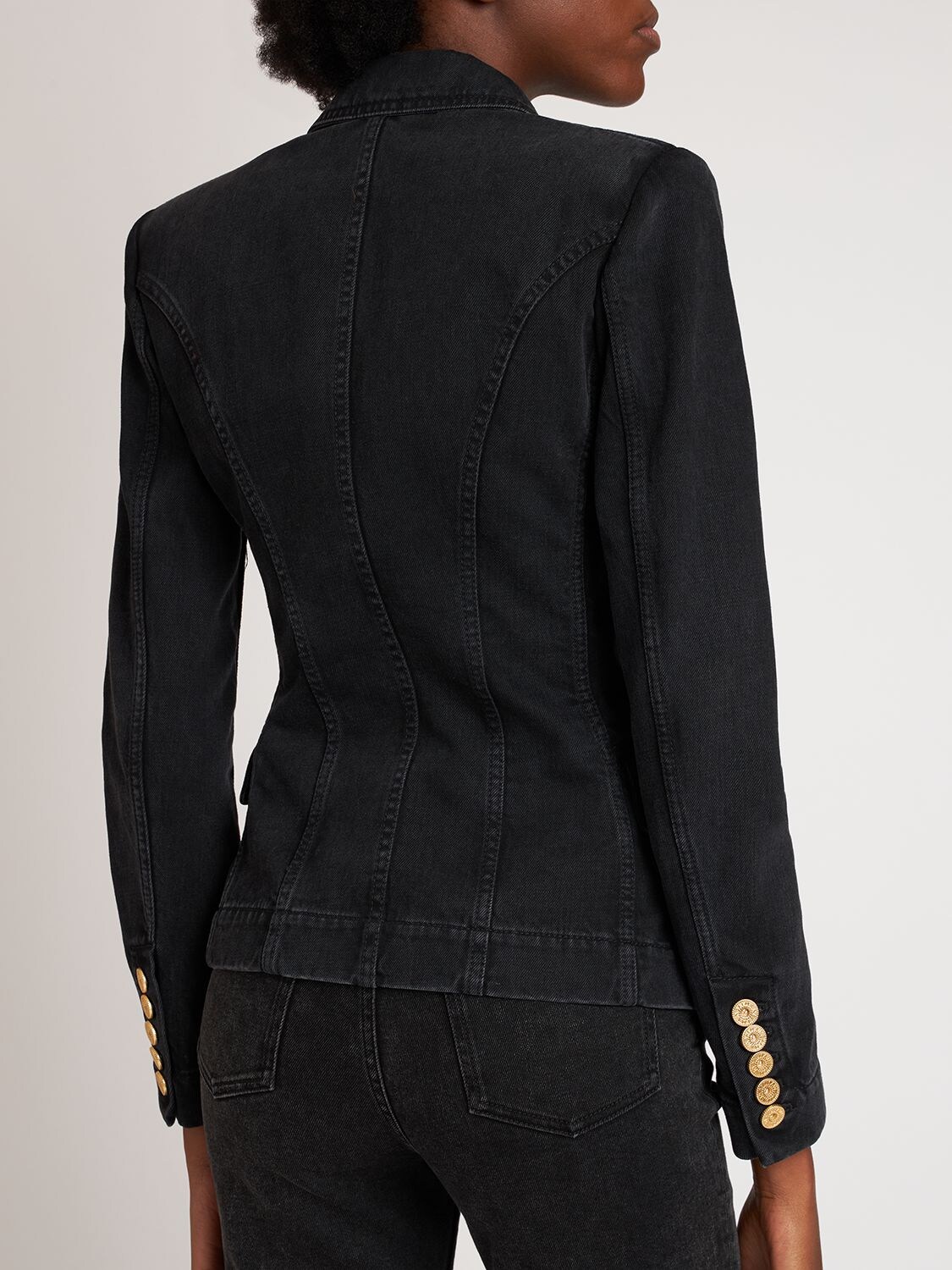 Shop Balmain Co Denim Six Button Blazer In Black