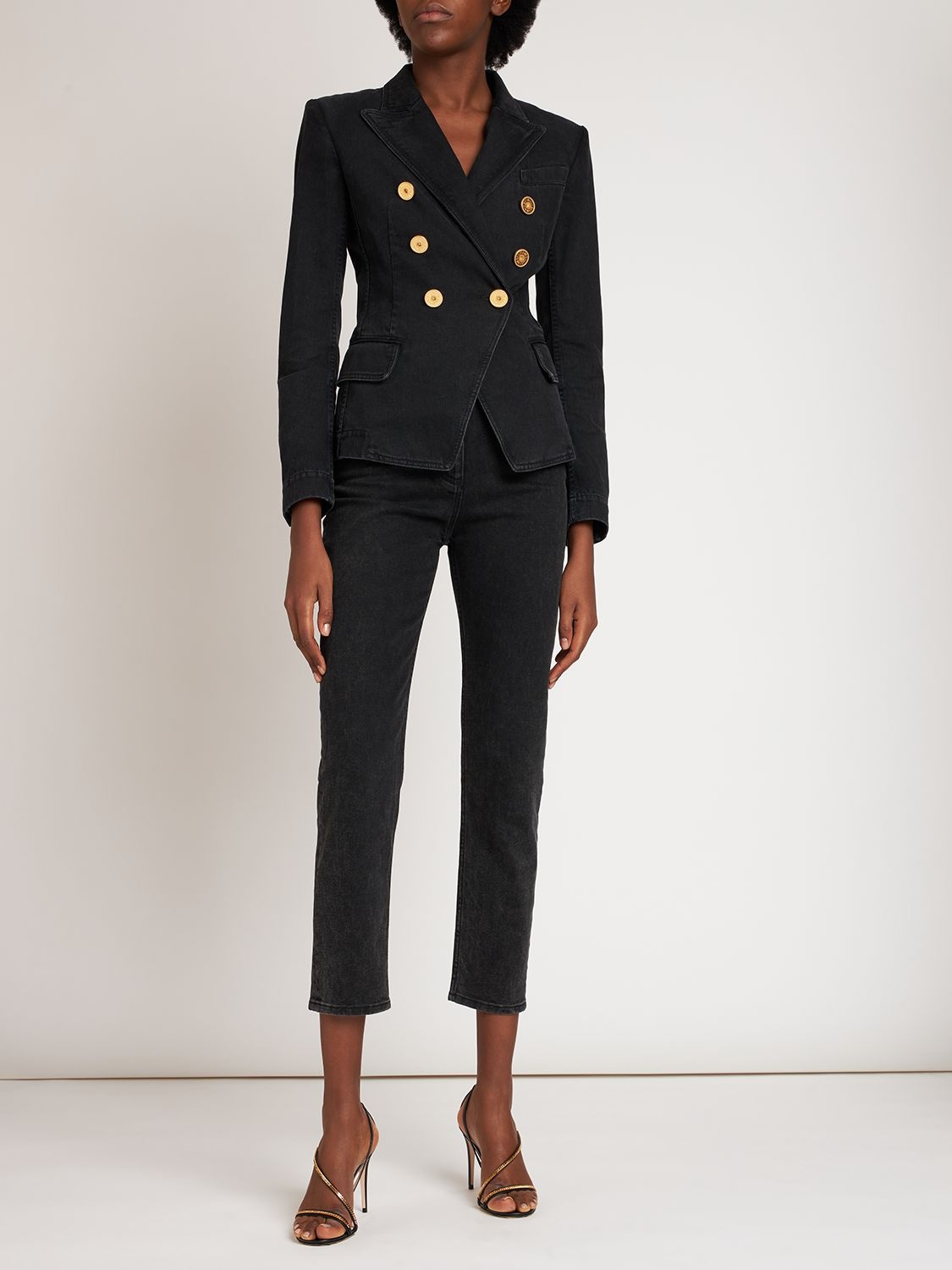 Shop Balmain Co Denim Six Button Blazer In Black